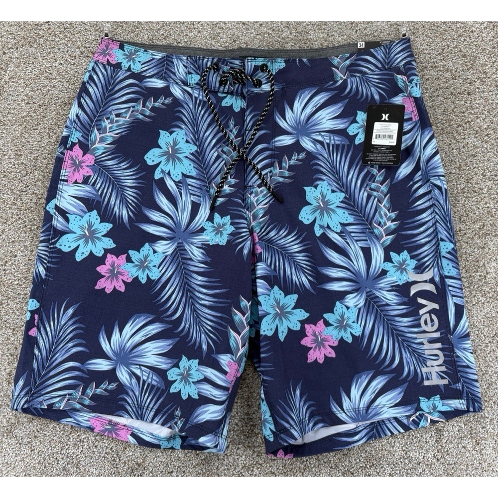 Hurley Board Shorts Mens 34 x 9.5" Blue Floral 4-Way Stretch Reflective Surf NWT